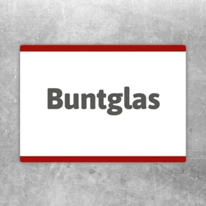 Buntglas Aufkleber im Querformat mit dekorativem Schriftzug in Grau, Weiß und Rot.