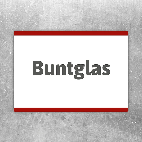 Buntglas Aufkleber im Querformat mit dekorativem Schriftzug in Grau, Weiß und Rot.