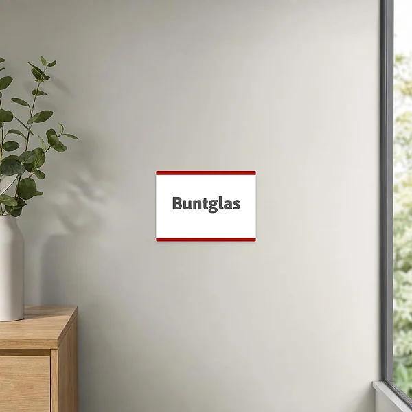 Querformat-Buntglas-Aufkleber mit mittigem Schriftzug für dekorative Hinweise und thematische Beschriftung.