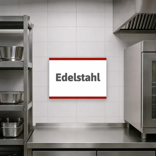 Modernes Motivschild mit dem Schriftzug Edelstahl an einer hellen Wand in einem ruhigen Innenraum.
