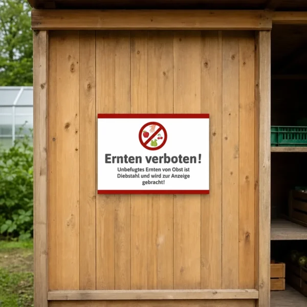 Ein querformatiges Verbotsschild an einem Zaun oder in einer Obstplantage weist Besucher darauf hin, dass das Ernten von Obst nicht erlaubt ist.