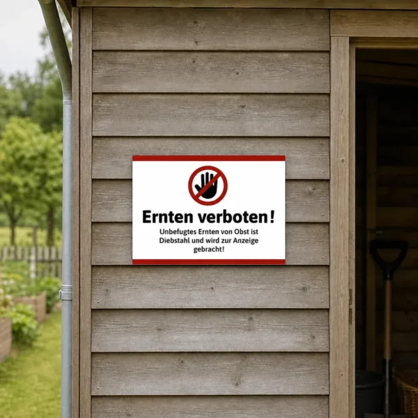 Schilder an einer Obstplantage, das Besucher deutlich darauf hinweist, keine Früchte ohne Erlaubnis zu ernten