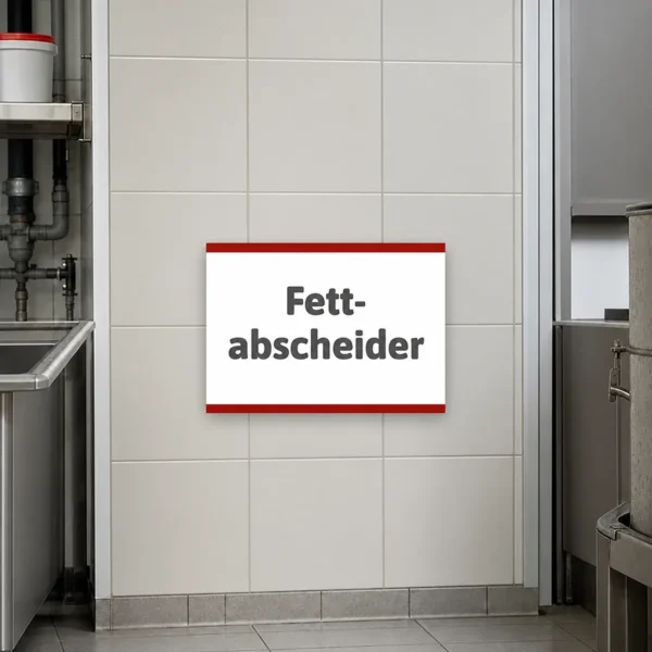 Ein weißes Hinweisschild mit rotem Rand und schwarzer Aufschrift Fettabscheider an einer Wand im Technik- oder Küchenbereich