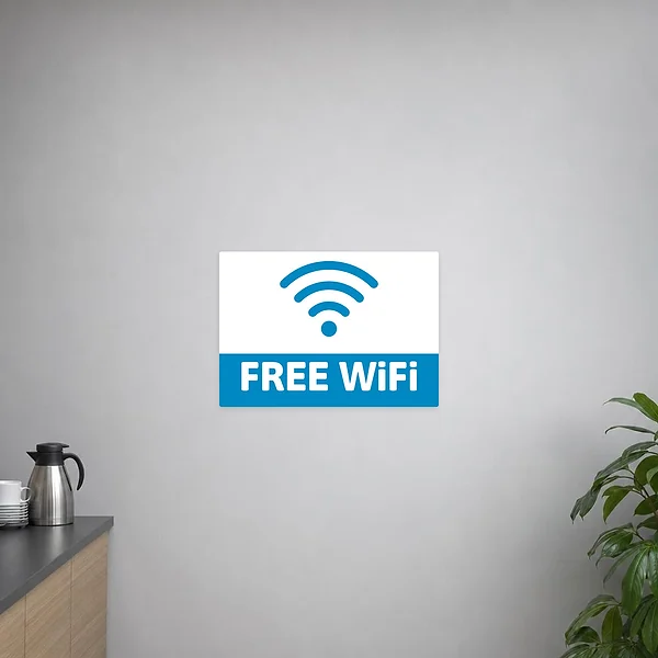 Blau-weißer Free WiFi Aufkleber mit WLAN-Symbol als klarer Hinweis auf freies Internet im Eingangsbereich.