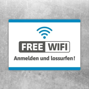 Free Wi Fi Aufkleber mit WLAN-Symbol und dem Hinweis „Anmelden und lossurfen!“
