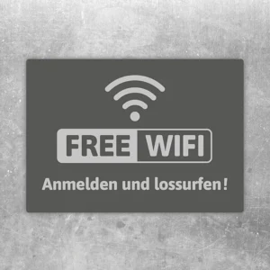 Free Wi Fi Aufkleber mit WLAN-Symbol und dem Text Anmelden und lossurfen.