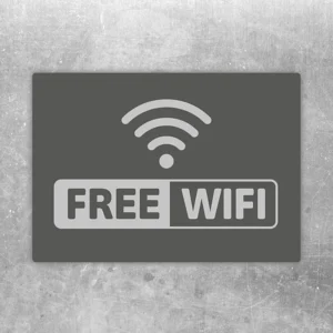 Grauer Free Wi Fi Aufkleber mit WLAN-Symbol und deutlich lesbarem Hinweistext.