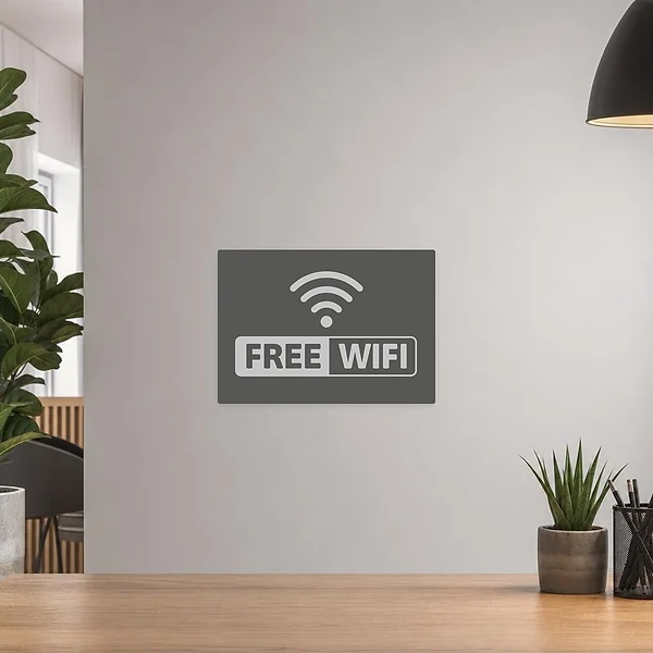 Free Wi Fi Aufkleber in Grau als klarer Hinweis für kostenloses WLAN im Empfangsbereich.