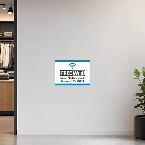 Horizontale Szene mit FREE WIFI Aufkleber, WLAN-Symbol und lesbaren Zugangsdaten für Gäste.