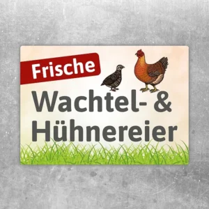Frische Wachtel- & Hühnereier Aufkleber mit Huhn, Wachtel und grünem Grasmotiv