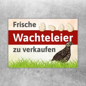 Aufkleber mit Wachtel, Eiern und dem Text Frische Wachteleier zu verkaufen für den Hofverkauf.
