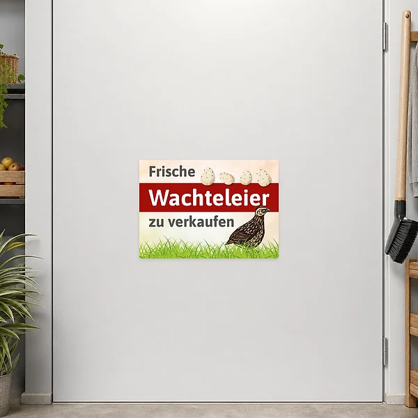 Querformatiger Aufkleber für Wachteleierverkauf mit Eiern, Wachtel und gut lesbarem Hinweistext.