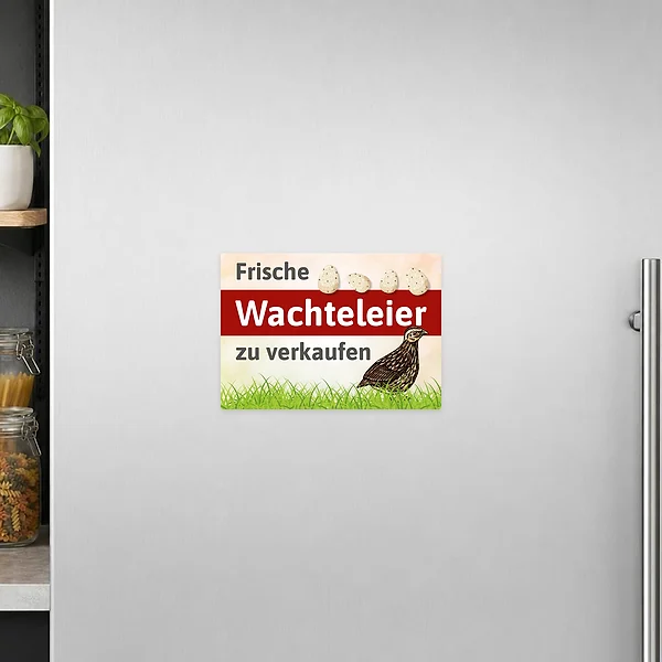 Horizontaler Aufkleber für den Hofverkauf mit Wachtel, Eiern und dem Text Frische Wachteleier zu verkaufen.