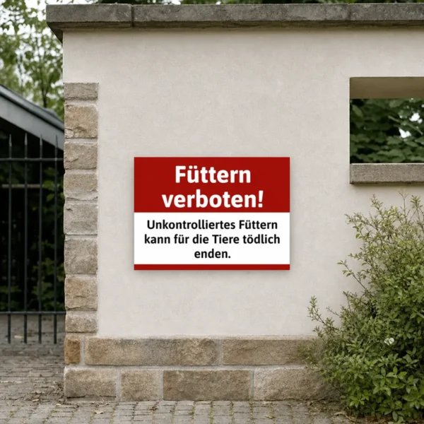 Ein rot-weißes Warnschild mit Fütterungsverbot an einem Tierbereich, damit Besucher keine Tiere mitgebrachtem Futter versorgen.