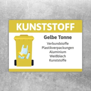 Gelber Hinweisaufkleber zur Gelben Tonne mit Text für Kunststoff, Verbundstoffe und Weißblech.