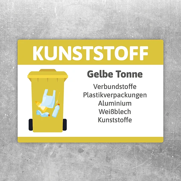Gelber Hinweisaufkleber zur Gelben Tonne mit Text für Kunststoff, Verbundstoffe und Weißblech.