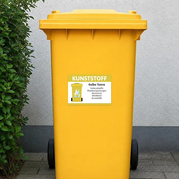 Bedruckter Aufkleber mit gelber Tonne und Hinweistext für Kunststoff, Verbundstoffe und Plastikverpackungen.