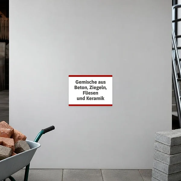 Querformatiger Aufkleber mit dem Hinweis Gemische aus Beton, Ziegeln, Fliesen und Keramik für die Baustellenkennzeichnung.