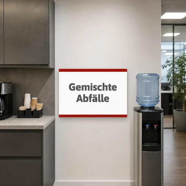 Ein querformatiges Hinweisschild für gemischte Abfälle an einer Wand in einem Betriebs- oder Entsorgungsbereich zur klaren Kennzeichnung eines Abfall-