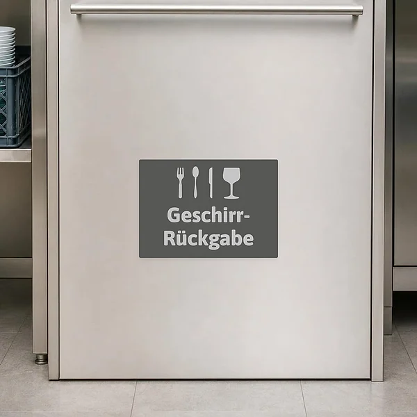 Dunkelgrauer Geschirr-Rückgabe Aufkleber mit hellen Bestecksymbolen für Rückgabestellen in der Gastronomie.