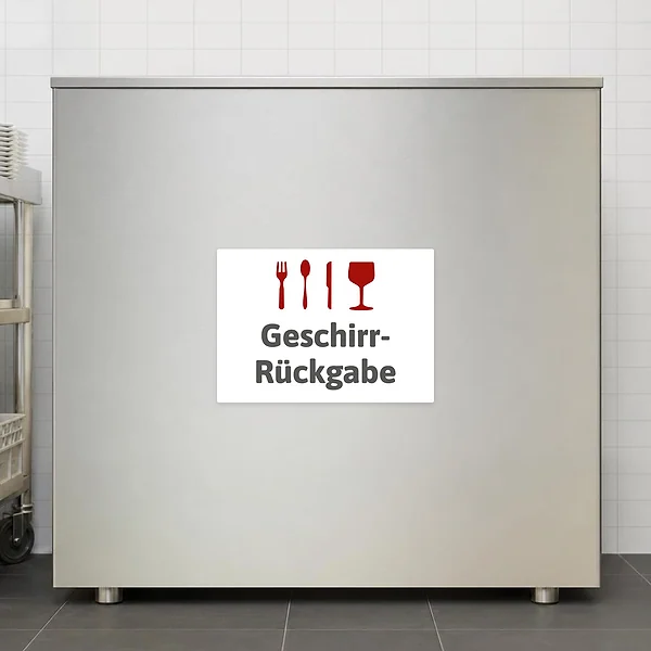 Querformatiger Geschirrrückgabe Aufkleber mit rotem Besteck- und Glasmotiv für den Rückgabebereich in Kantine oder Mensa