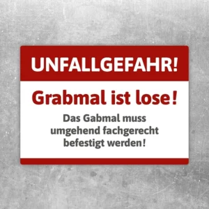Warnaufkleber mit Text „Unfallgefahr! Grabmal ist lose!“ für Friedhof und Grabstätte.