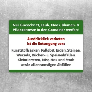 Grünschnittaufkleber mit Hinweis auf Grasschnitt, Laub, Moos und Pflanzenreste für den Container.