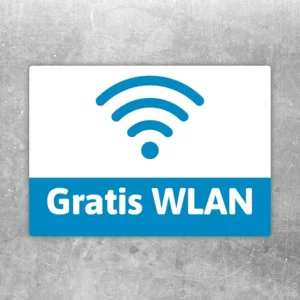 Gratis WLAN Aufkleber mit WLAN-Symbol und Hinweis für Gäste im Eingangsbereich.