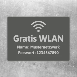 Gratis WLAN Aufkleber mit WLAN-Symbol, Netzwerknamen Musternetzwerk und Passwort 1234567890.