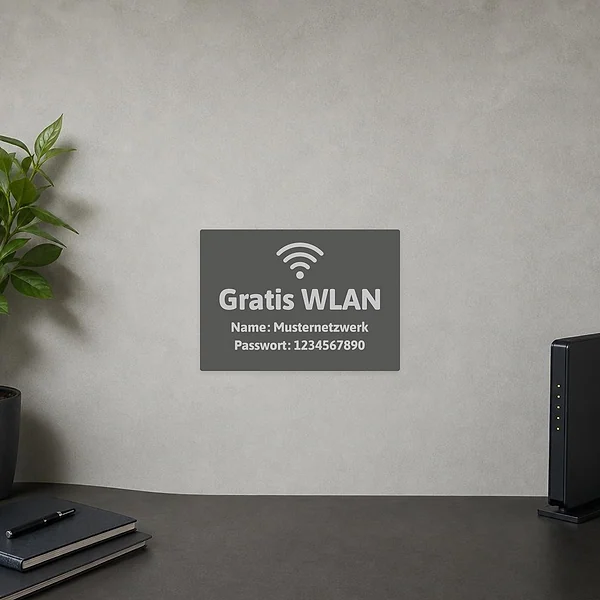 Grauer Gratis WLAN Aufkleber für Gäste mit Name Musternetzwerk und Passwort 1234567890 im modernen Querformat.