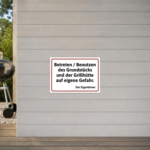 Querformatiger Warnaufkleber für Privatgrundstück und Grillhütte mit dem Text auf eigene Gefahr.