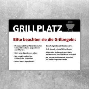 Grillplatz Aufkleber mit Grillregeln und klaren Hinweisen für den Grillbereich.