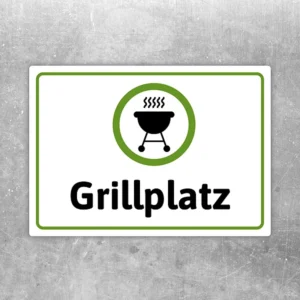 Grillplatz Aufkleber mit grünem Rahmen, Grillmotiv und klarer Beschriftung