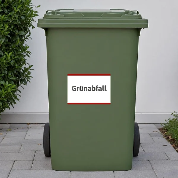 Aufkleber mit der Aufschrift Grünabfall zur eindeutigen Kennzeichnung von Sammelstellen und Behältern.