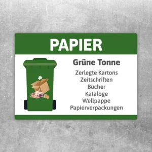 Papier Grüne Tonne Aufkleber mit Symbol für Altpapier, Kartons, Bücher und Zeitschriften.