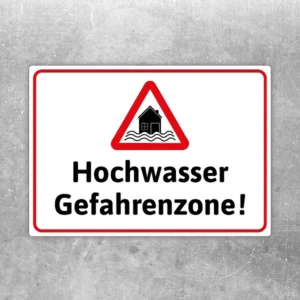 Achtung Hochwasser Gefahrenzone Aufkleber mit Warnsymbol und Haus über Wasserwellen.