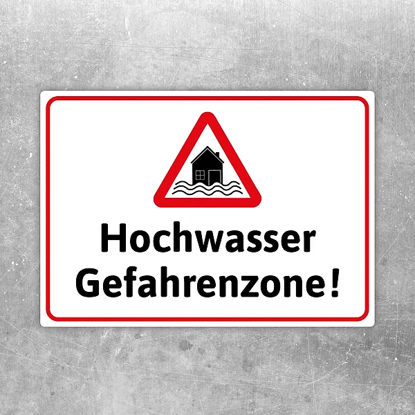 Achtung Hochwasser Gefahrenzone Aufkleber mit Warnsymbol und Haus über Wasserwellen.