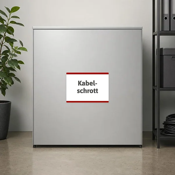 Querformatiger Kabelschrott Hinweisaufkleber für Sammelbehälter und Wertstoffbereiche im Betrieb.