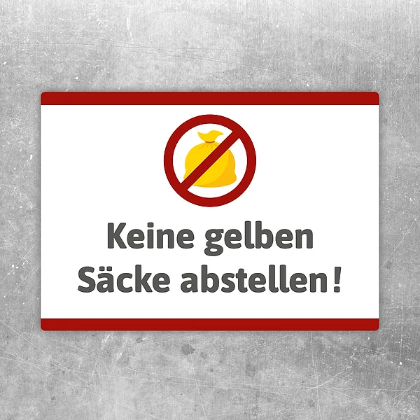 Aufkleber mit Symbol und Text „Keine gelben Säcke abstellen!“ für Haus und Hof.