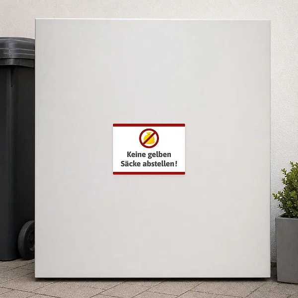 Querformatiger Aufkleber mit Verbotssymbol und gelbem Sack, beschriftet mit „Keine gelben Säcke abstellen!“.