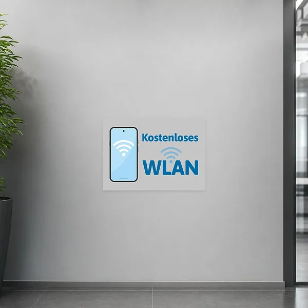 Querformatiger kostenloses WLAN Aufkleber mit Smartphone, WLAN-Icon und gut lesbarem Hinweis für Besucher.