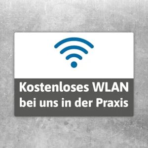 Aufkleber mit WLAN-Symbol und Text „Kostenloses WLAN bei uns in der Praxis“ für den Empfangsbereich.
