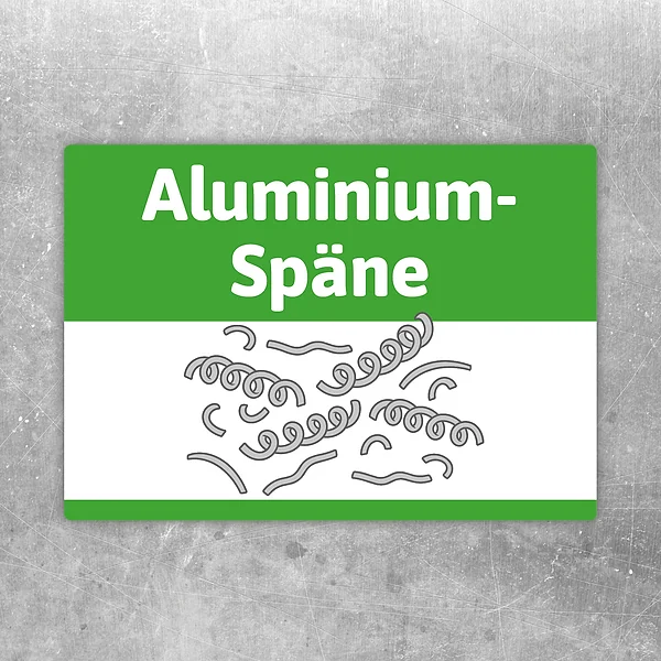 Aluminiumspäne Aufkleber mit grün-weißem Hinweismotiv für die Entsorgung in Werkstatt und Betrieb.