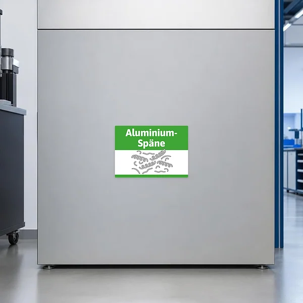 Grün-weißer Aluminiumspäne Aufkleber zur Kennzeichnung von Sammelbehältern in der Metallbearbeitung.