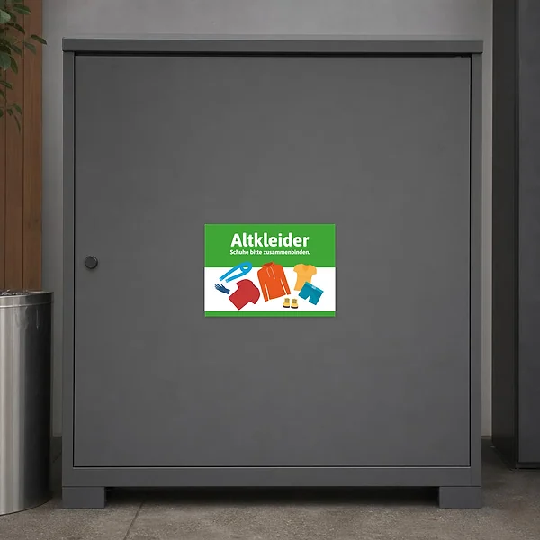 Querformatiger Altkleider Aufkleber mit bunten Kleidungsstücken und dem Text Schuhe bitte zusammenbinden.