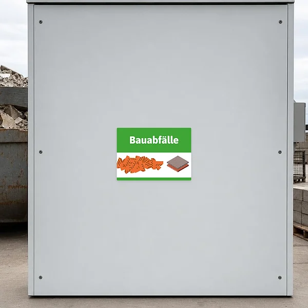 Grün-weißer Bauabfälle Aufkleber zur Kennzeichnung von Containern und Sammelstellen auf der Baustelle.