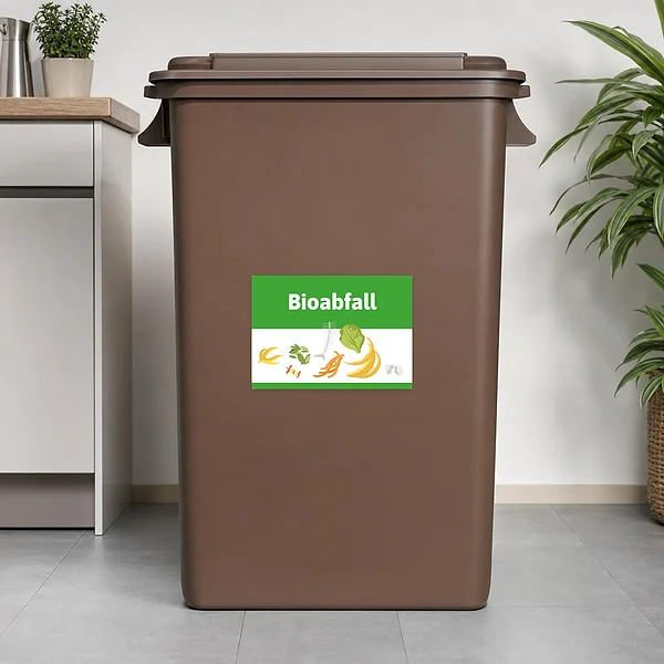Horizontale Bioabfall-Aufklebergrafik mit grünem Schriftzug und organischen Symbolen für die Mülltrennung