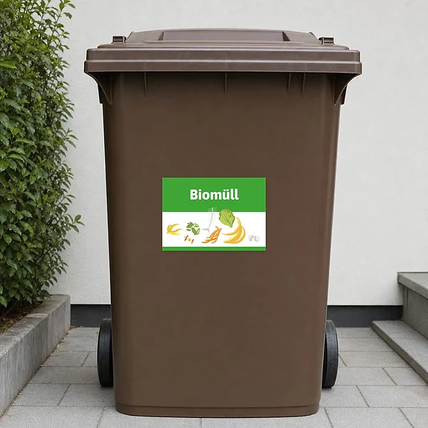 Querformatiger Biomüll Aufkleber mit grün-weißem Motiv für Mülltrennung und organische Abfälle.