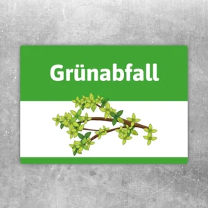 Aufkleber mit der Aufschrift Grünabfall und Zweigmotiv zur Kennzeichnung von Entsorgungsbehältern.