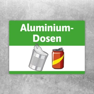 Aufkleber mit Hinweis „Aluminium-Dosen“ und Symbolen für die Mülltrennung.